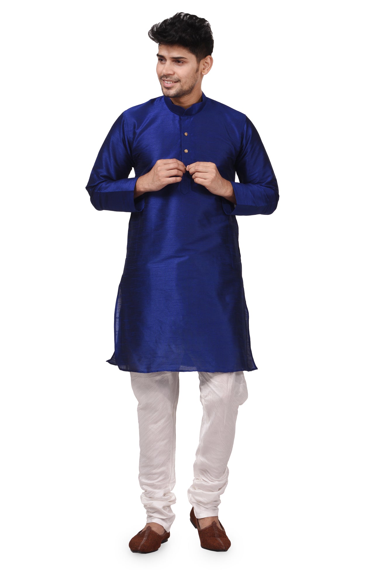 HAMSAFAR Men’s Navy Blue Dupion Silk Casual Kurta