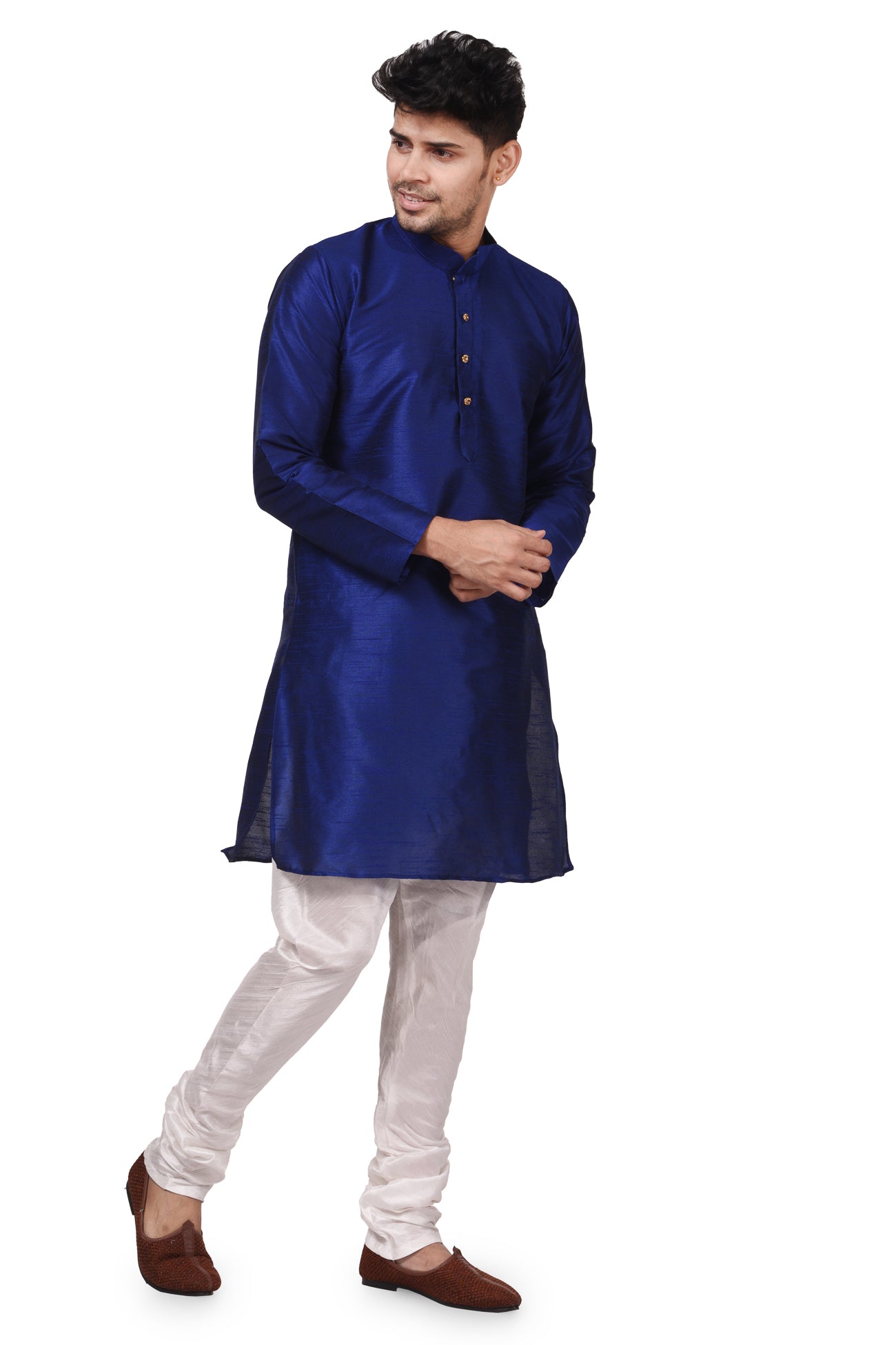 HAMSAFAR Men’s Navy Blue Dupion Silk Casual Kurta