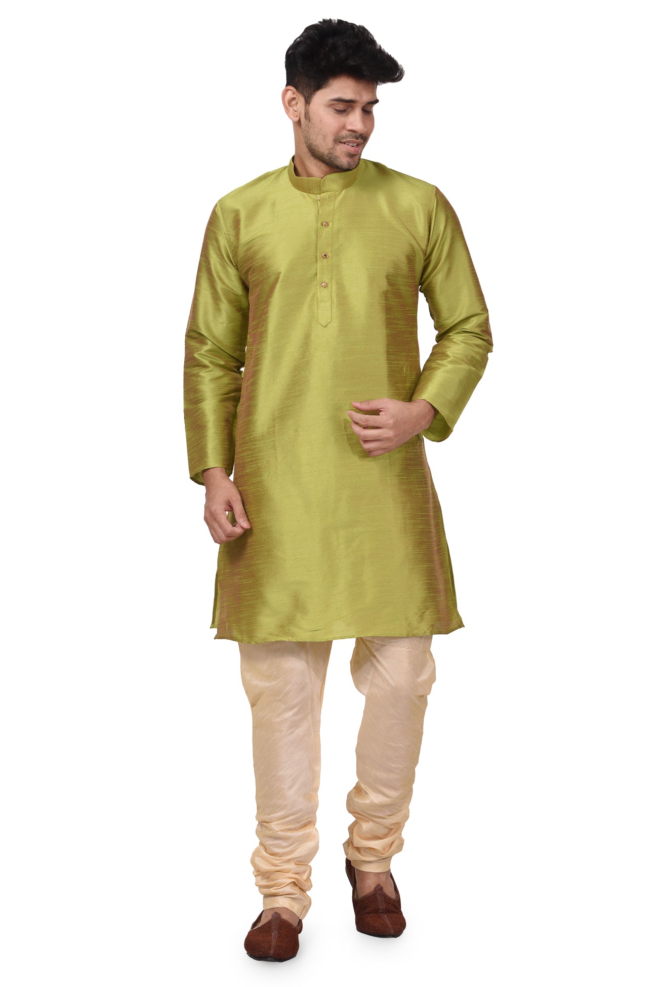 HAMSAFAR Men’s Olive Green Dupion Silk Kurta