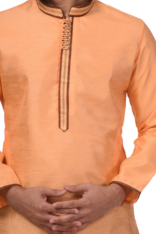 HAMSAFAR Men’s Apricot Orange Silk Casual Kurta