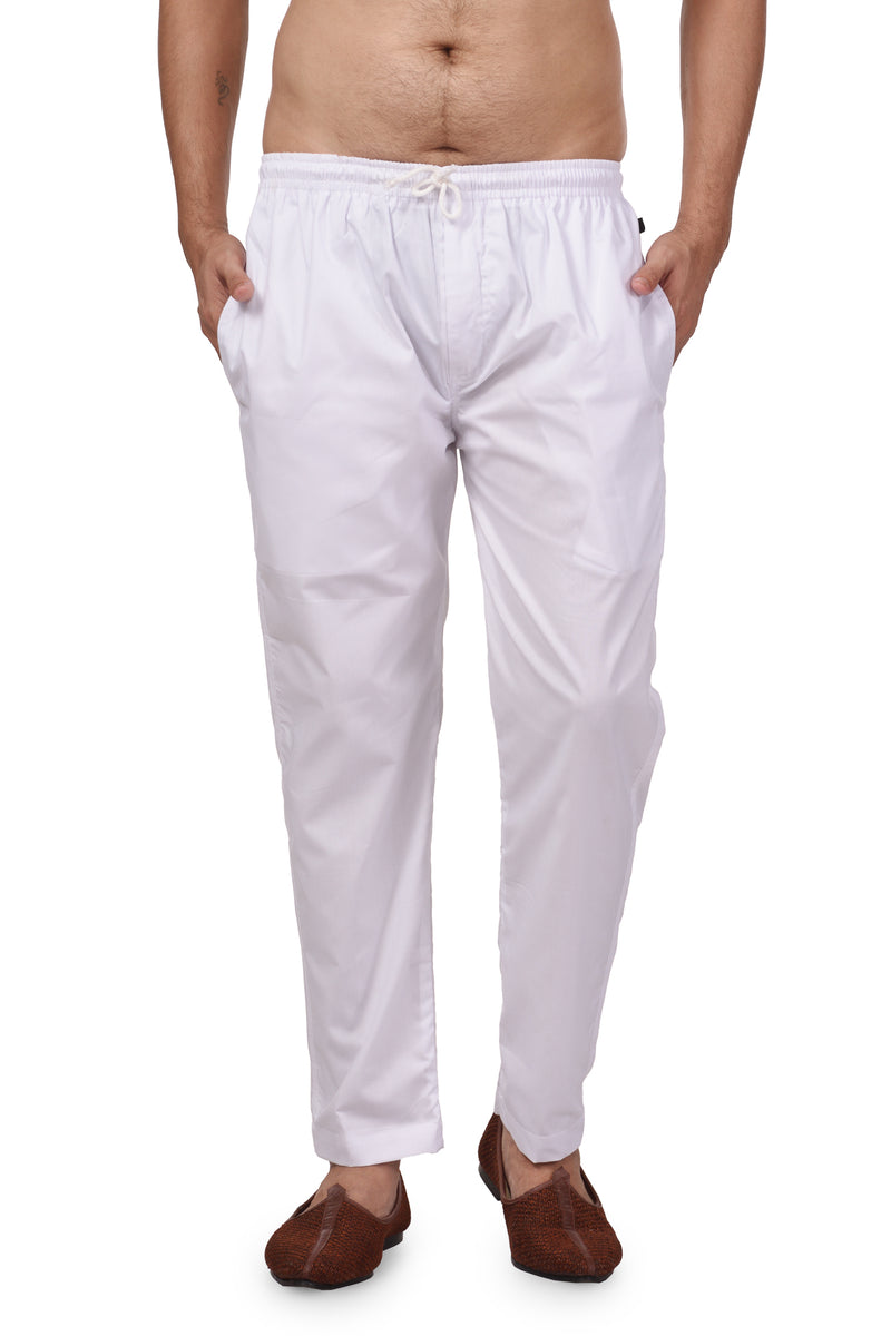HAMSAFAR Men's White Solid Cambric Cotton Straight Fit Trouser with Pocket