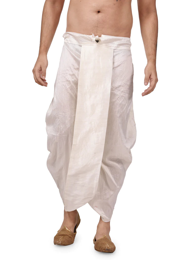 HAMSAFAR Men's White Silk Blend Traditional Dhoti