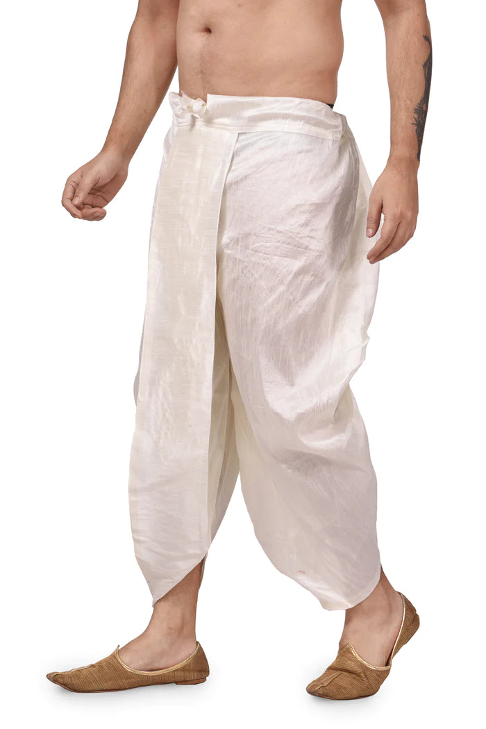 HAMSAFAR Men's White Silk Blend Traditional Dhoti
