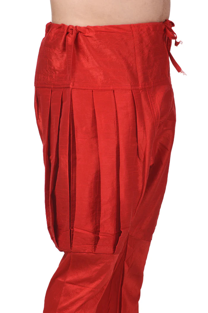 HAMSAFAR Men's Red Silk Blend Pleated Churidar