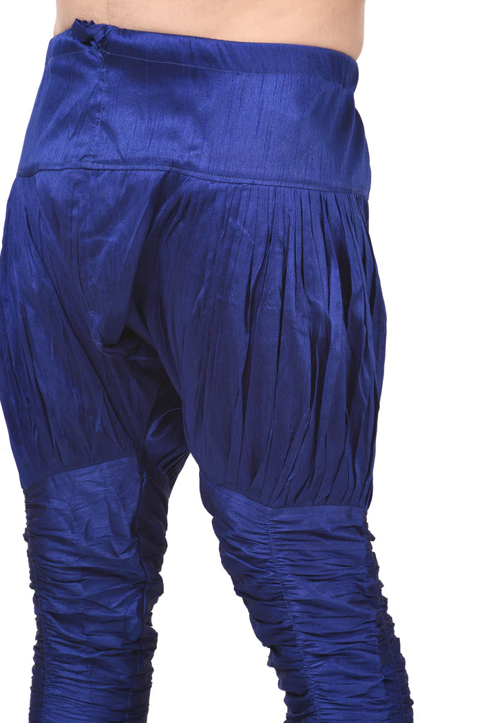 HAMSAFAR Men's Royal Blue Silk Blend Pleated Churidar