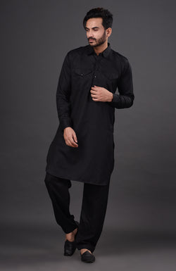 HAMSAFAR Men’s Black Cotton Casual Kurta and Pyjama Set