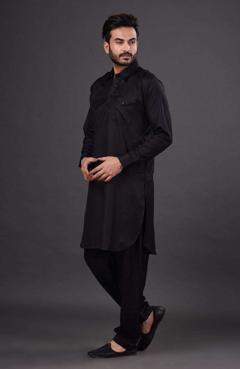 HAMSAFAR Men’s Black Cotton Casual Pathani Kurta and Pyjama Set