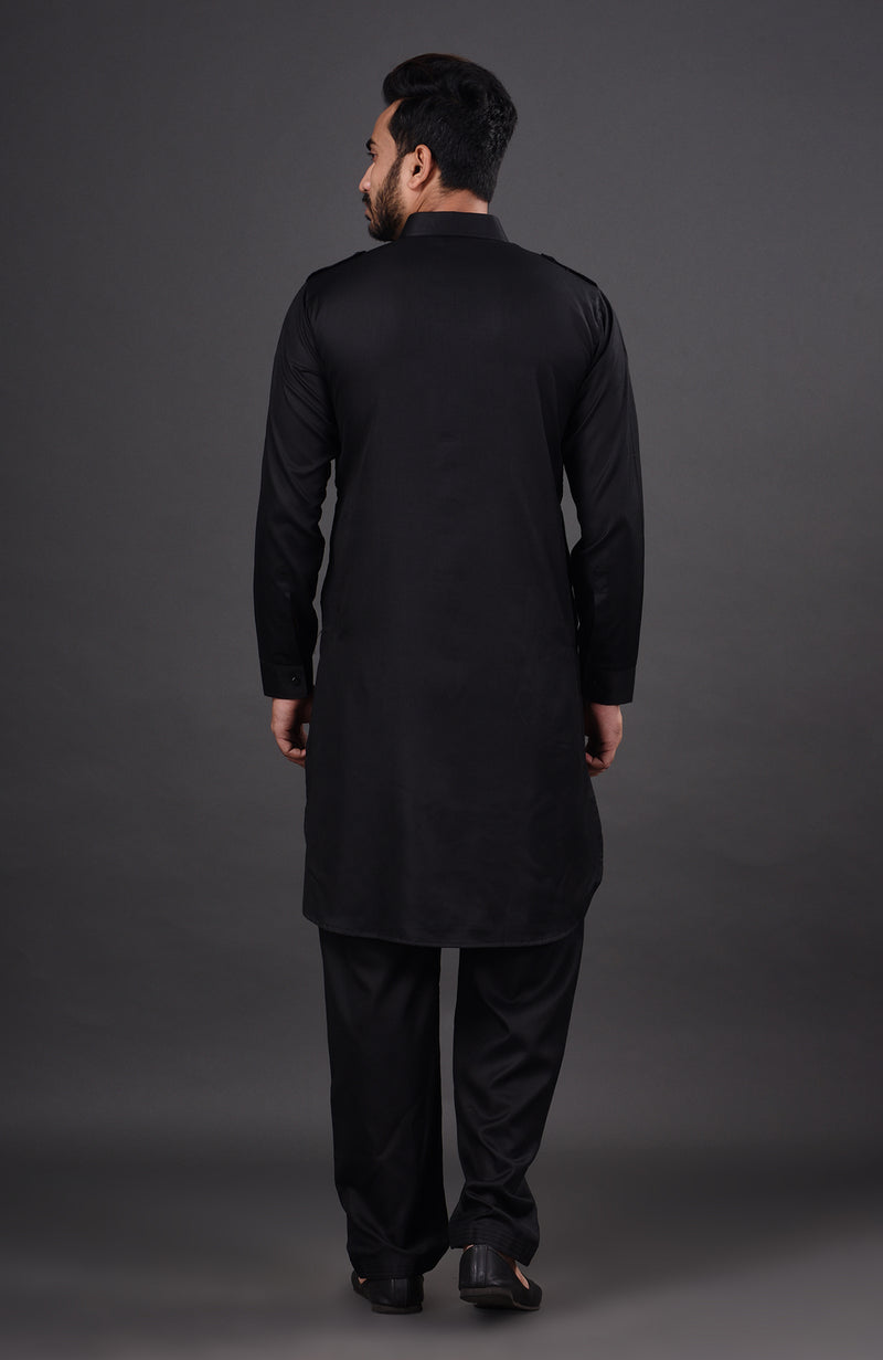 HAMSAFAR Men’s Black Cotton Casual Pathani Kurta and Pyjama Set