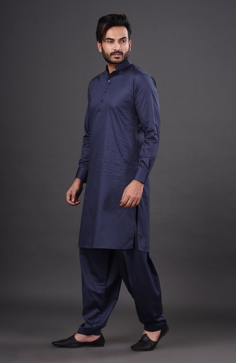 HAMSAFAR Men’s Indigo Cotton Casual Pathani Kurta and Pyjama Set