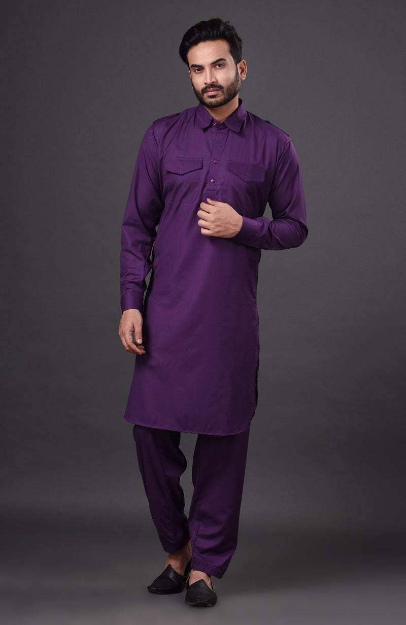 HAMSAFAR Men’s Purple Cotton Casual Pathani Kurta and Pyjama Set