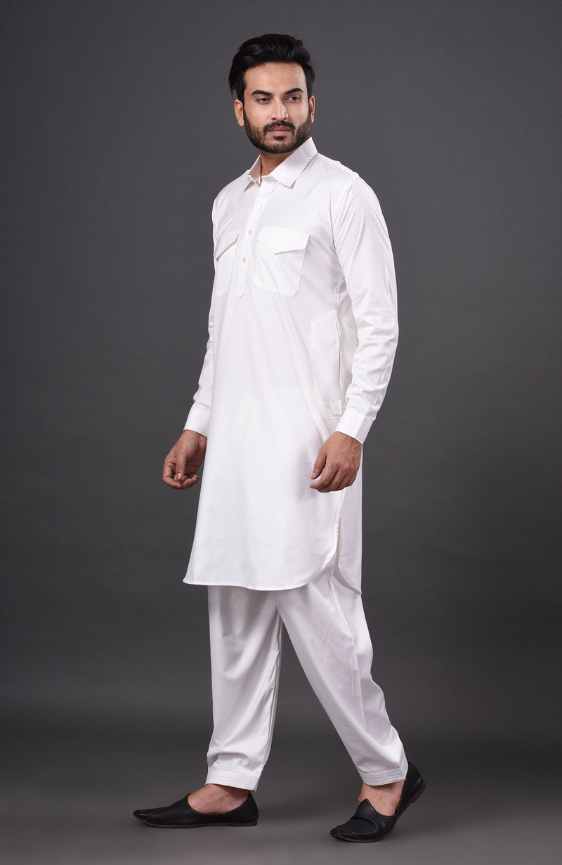 HAMSAFAR Men’s White Cotton Casual Pathani Kurta and Pyjama Set