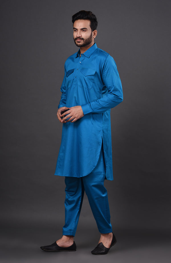 HAMSAFAR Men’s Blue Cotton Casual Pathani Kurta and Pyjama Set