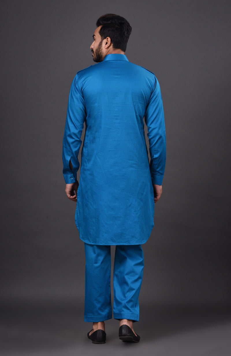 HAMSAFAR Men’s Blue Cotton Casual Pathani Kurta and Pyjama Set