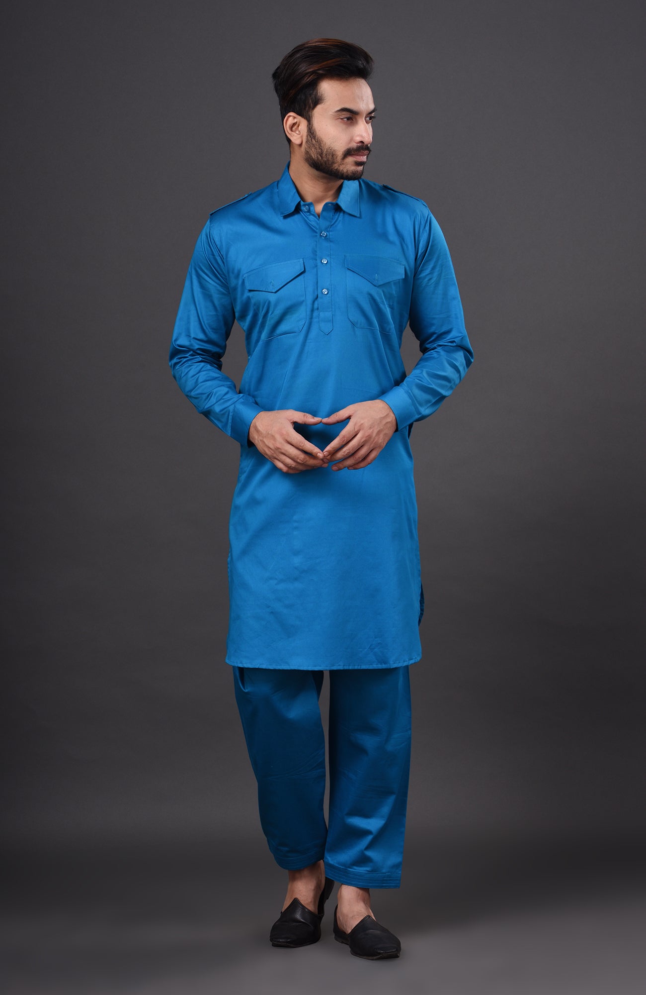 HAMSAFAR Men’s Blue Cotton Casual Pathani Kurta and Pyjama Set