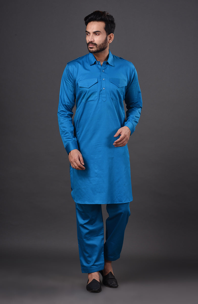 HAMSAFAR Men’s Blue Cotton Casual Pathani Kurta and Pyjama Set