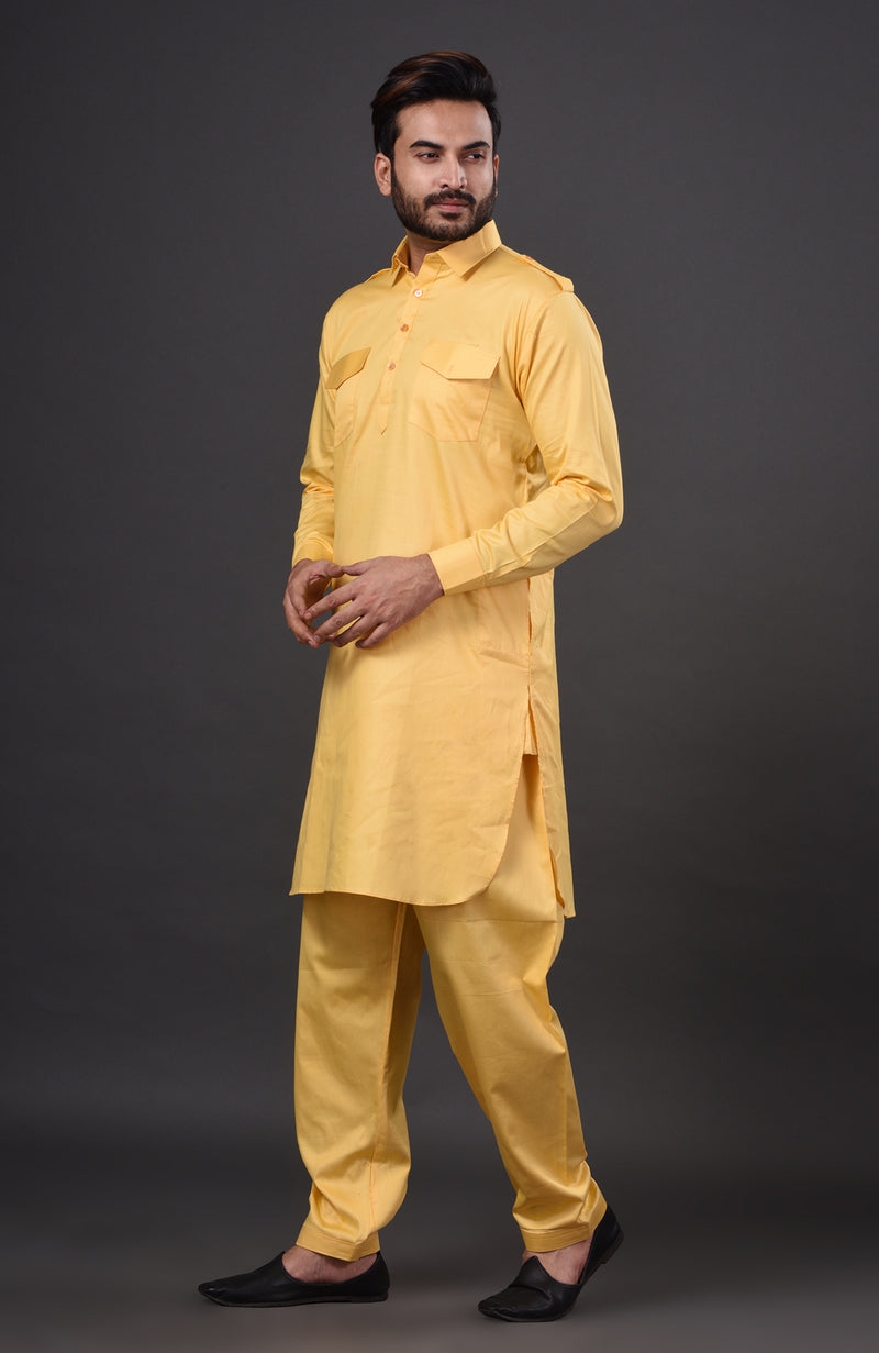 HAMSAFAR Men’s Blonde Yellow Cotton Casual Pathani Kurta and Pyjama Set