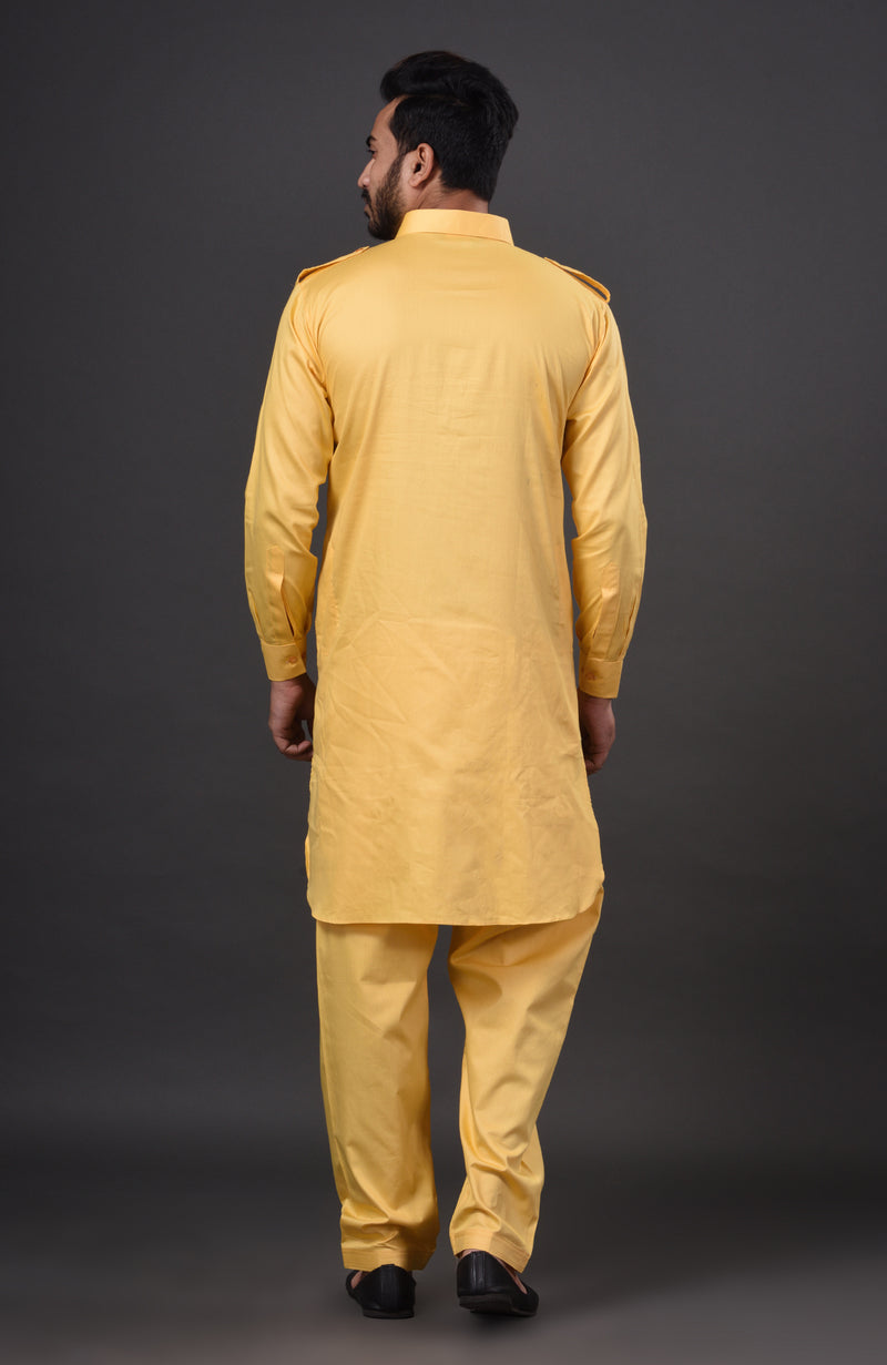 HAMSAFAR Men’s Blonde Yellow Cotton Casual Pathani Kurta and Pyjama Set