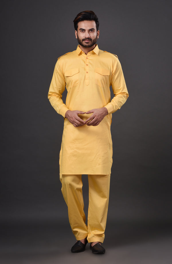 HAMSAFAR Men’s Blonde Yellow Cotton Casual Pathani Kurta and Pyjama Set