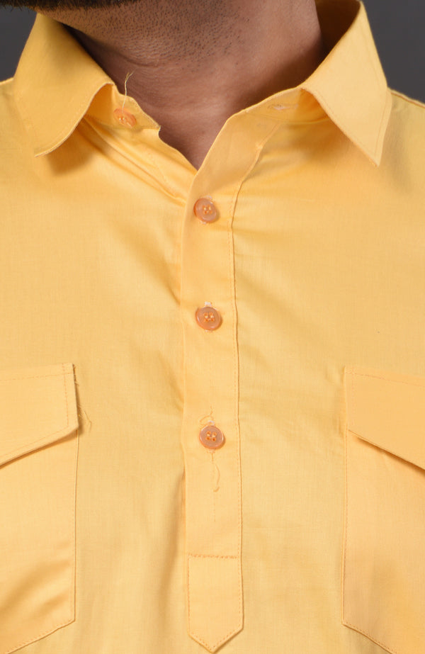 HAMSAFAR Men’s Blonde Yellow Cotton Casual Pathani Kurta and Pyjama Set