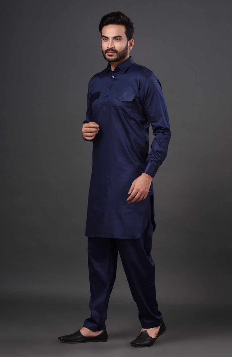 HAMSAFAR Men’s Denim Blue Cotton Casual Pathani Kurta and Pyjama Set