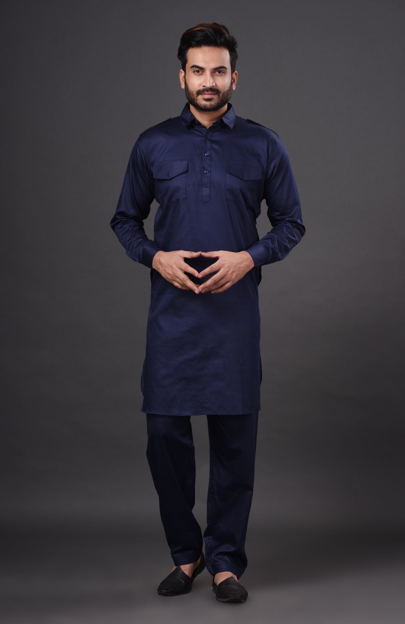 HAMSAFAR Men's Denim Blue Cotton Casual Pathani Kurta and Pyjama