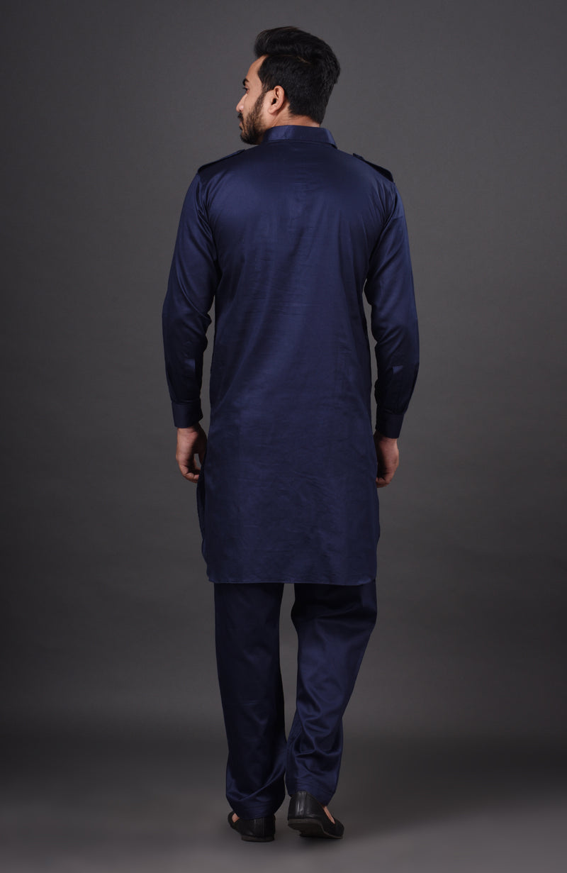 HAMSAFAR Men’s Denim Blue Cotton Casual Pathani Kurta and Pyjama Set