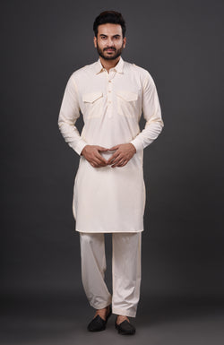 HAMSAFAR Men’s Off White Cotton Casual Pathani Kurta and Pyjama Set