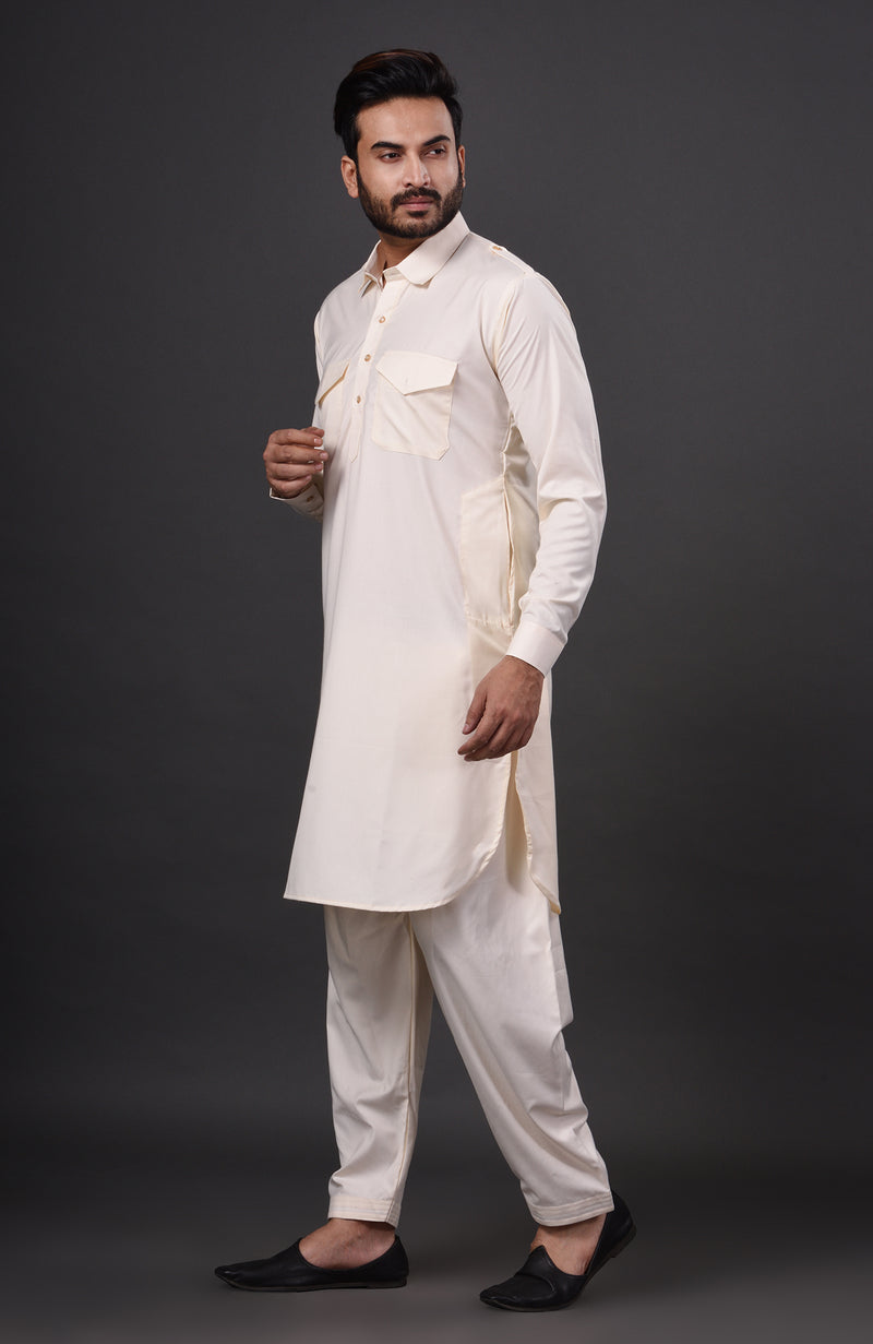 HAMSAFAR Men’s Off White Cotton Casual Pathani Kurta and Pyjama Set