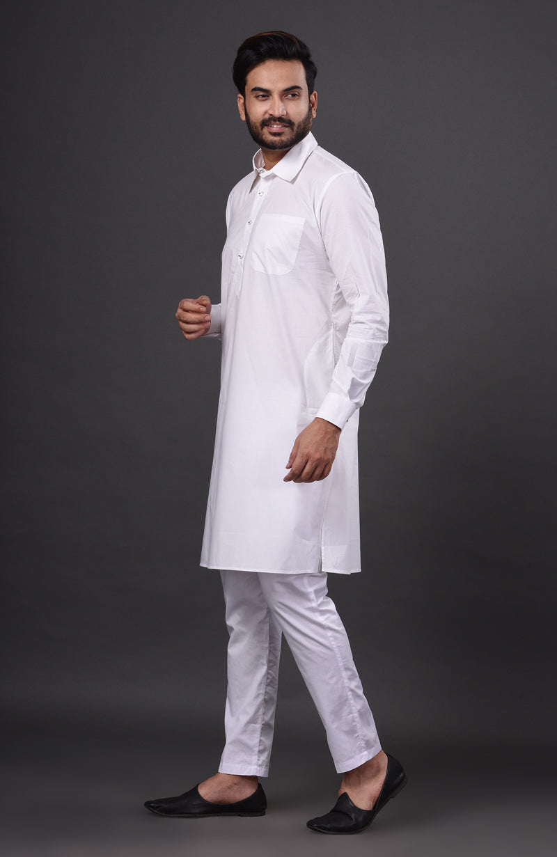 HAMSAFAR Men’s White Cotton Casual Pathani Kurta and Pyjama Set