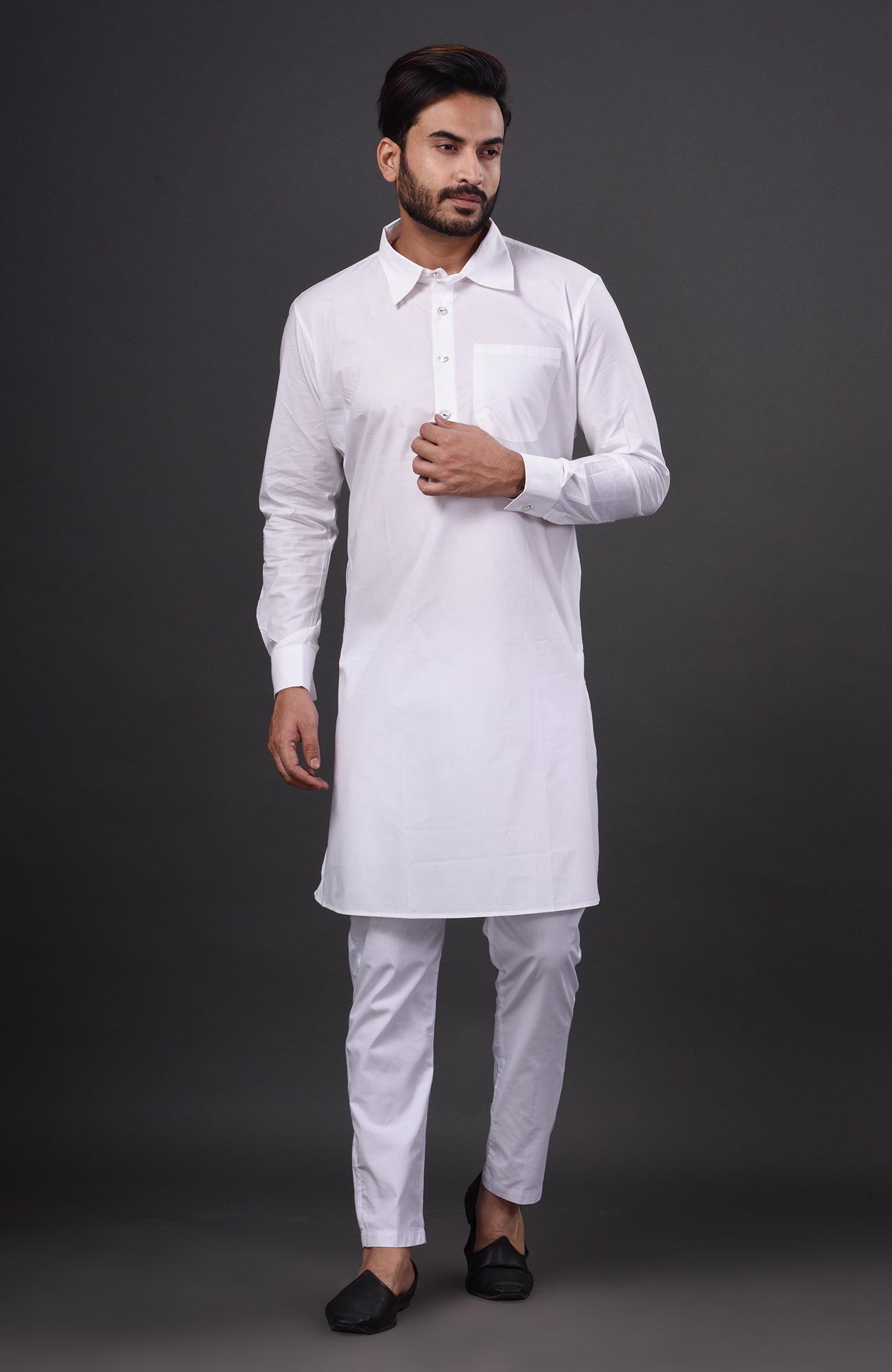 HAMSAFAR Men’s White Cotton Casual Pathani Kurta and Pyjama Set