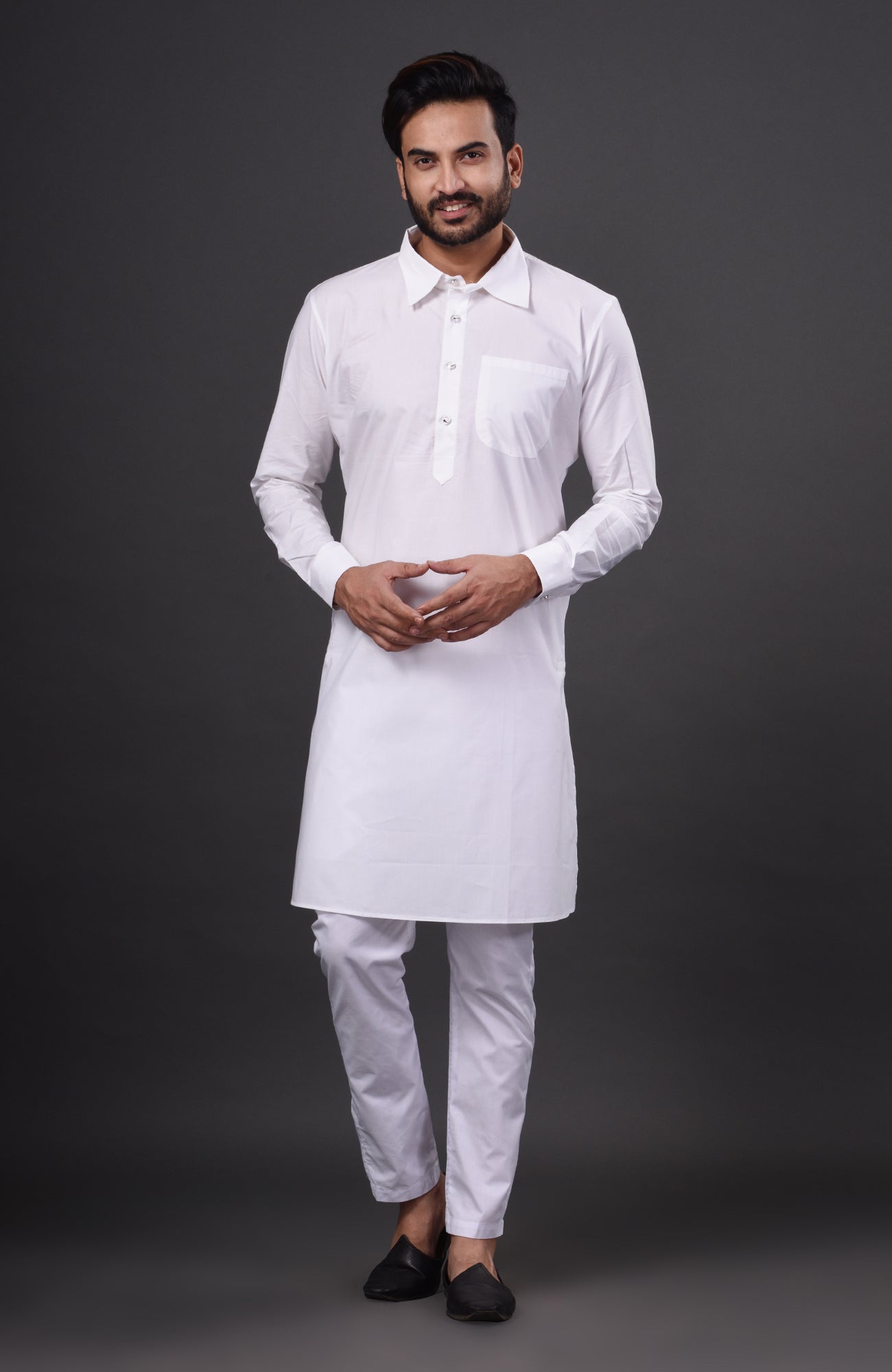 HAMSAFAR Men’s White Cotton Casual Pathani Kurta and Pyjama Set