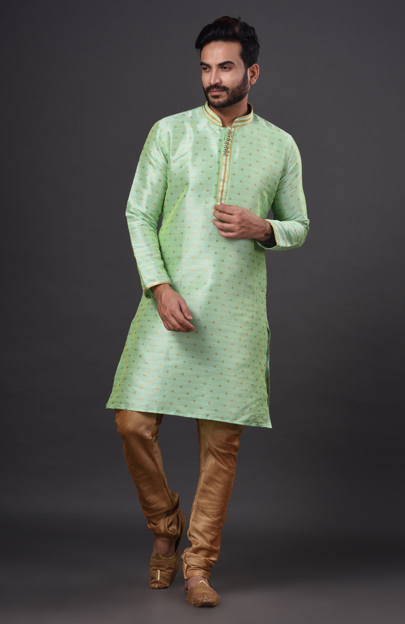 HAMSAFAR Men’s Sea Green Dupion Silk Party Wear Kurta