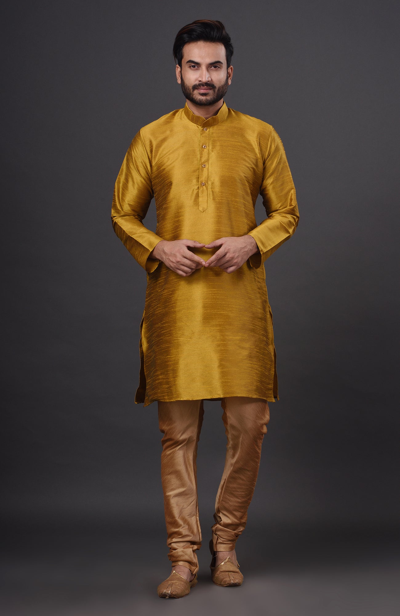 HAMSAFAR Men’s Golden Dupion Silk Kurta