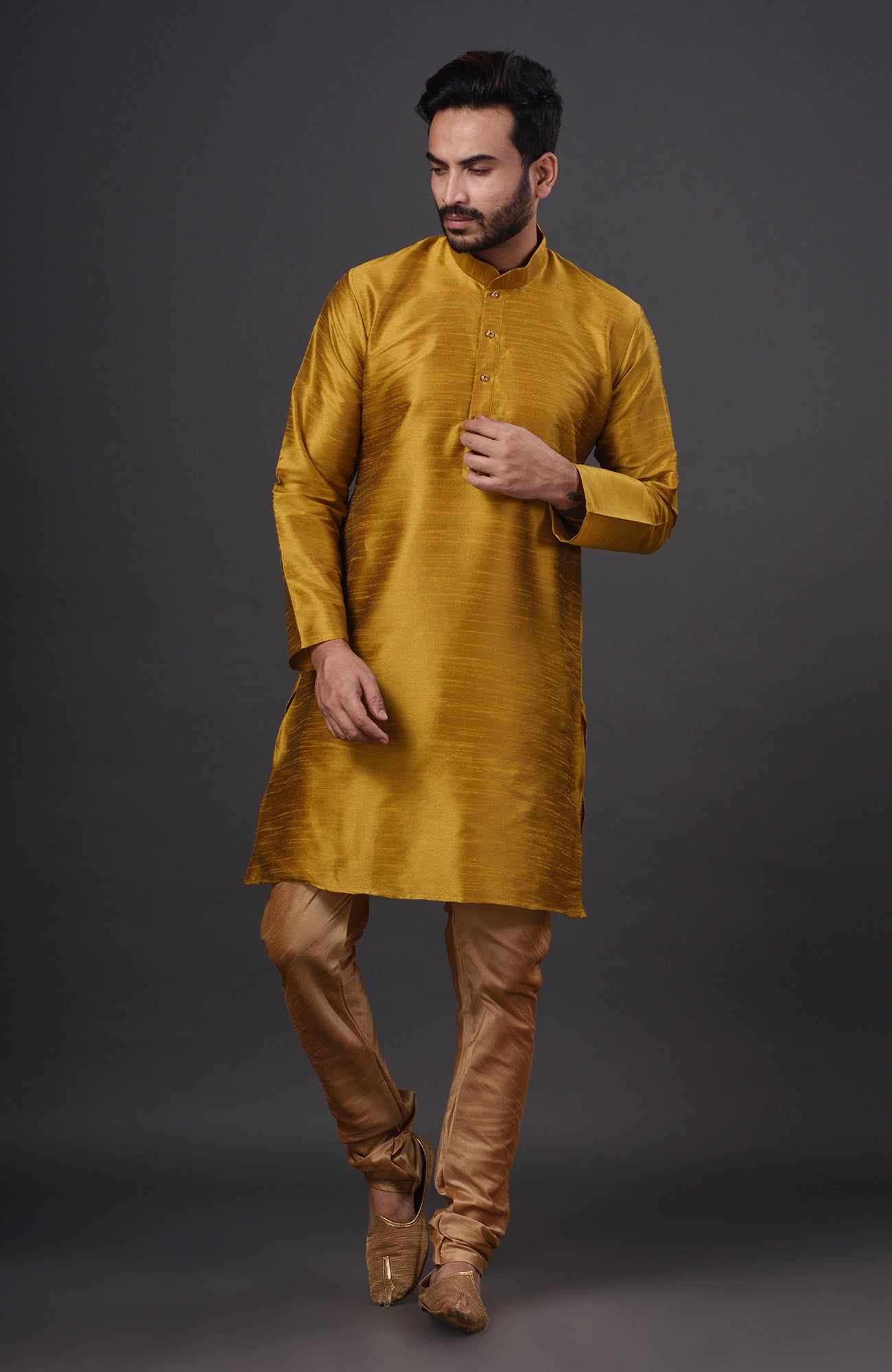 HAMSAFAR Men’s Golden Dupion Silk Kurta