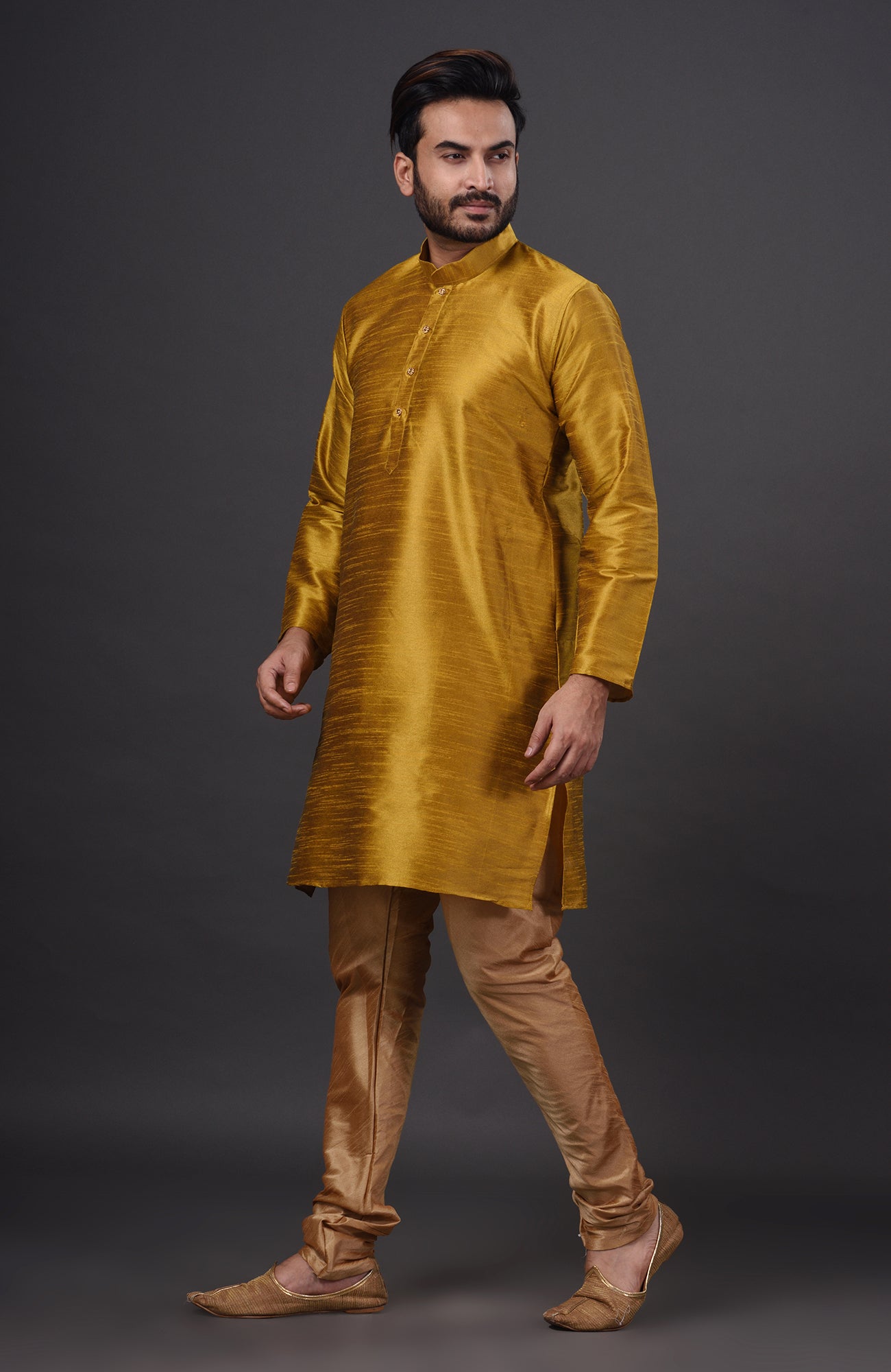 HAMSAFAR Men’s Golden Dupion Silk Kurta