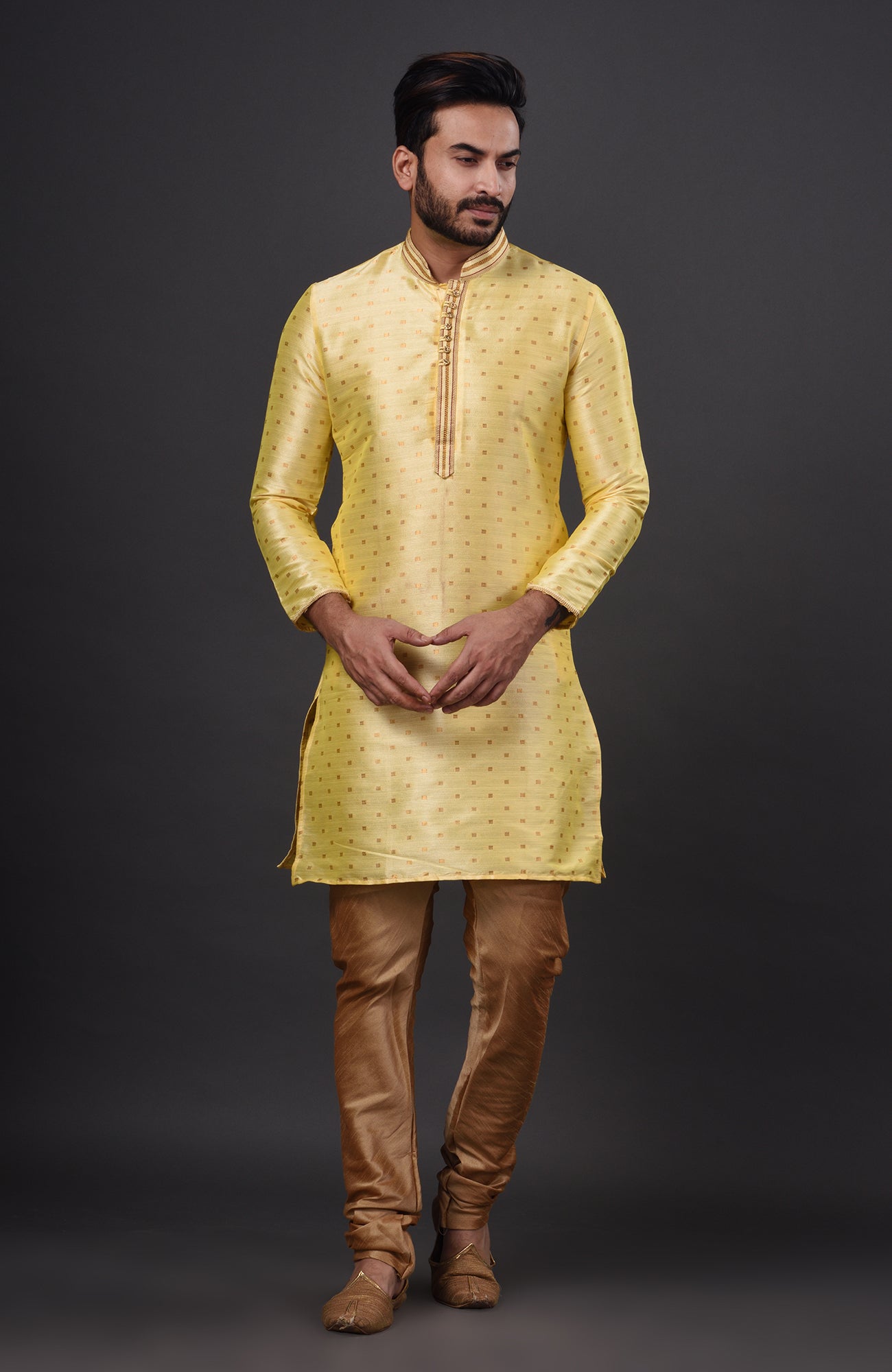 HAMSAFAR Men’s Light Yellow Dupion Silk Party Wear Kurta