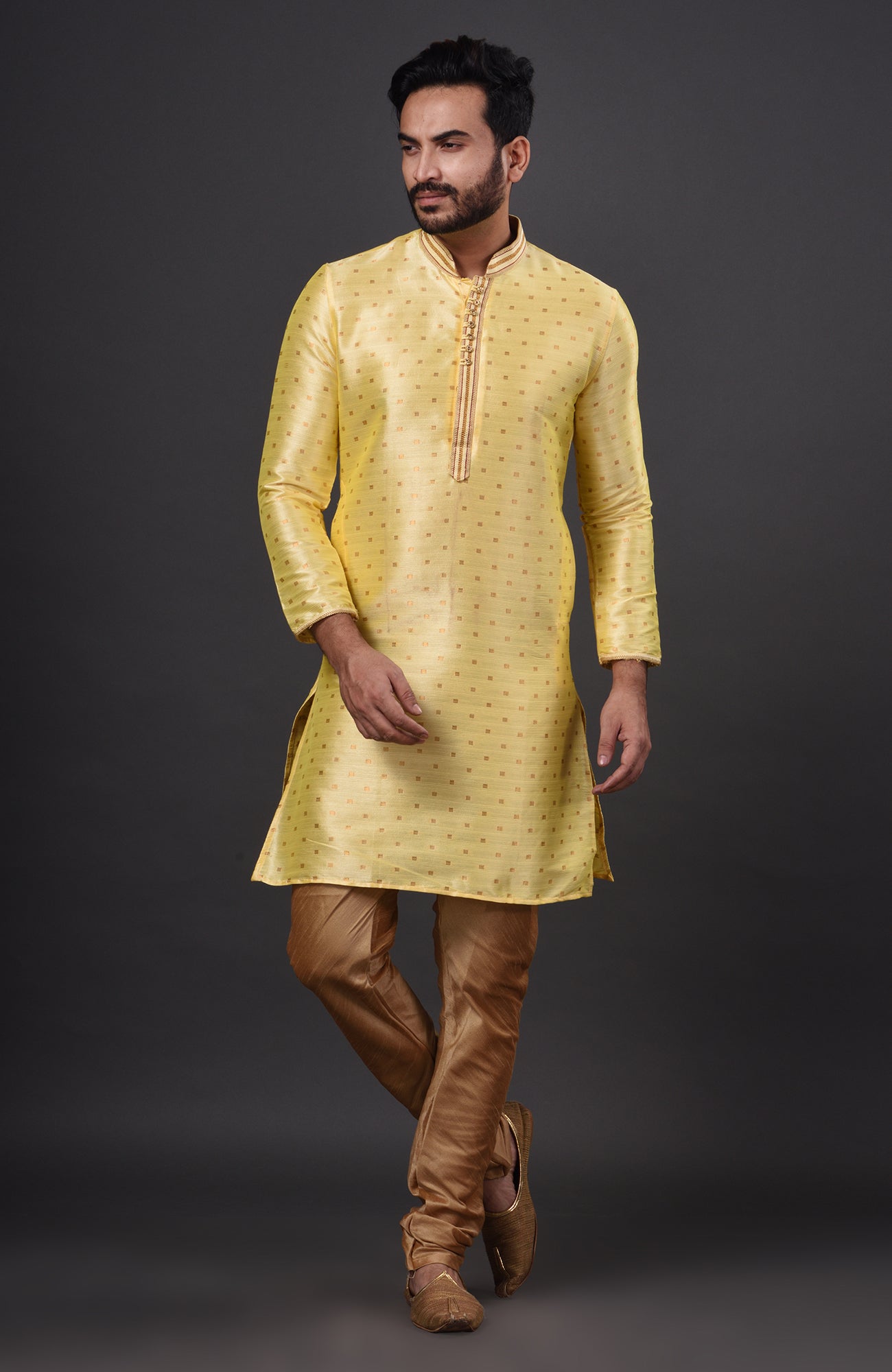 HAMSAFAR Men’s Light Yellow Dupion Silk Party Wear Kurta