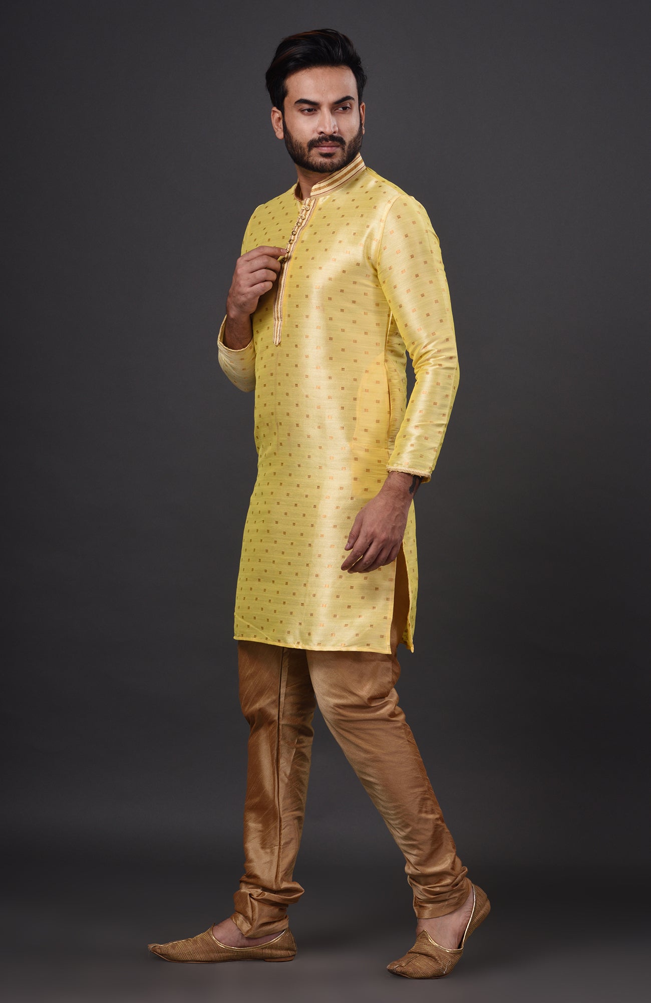 HAMSAFAR Men’s Light Yellow Dupion Silk Party Wear Kurta