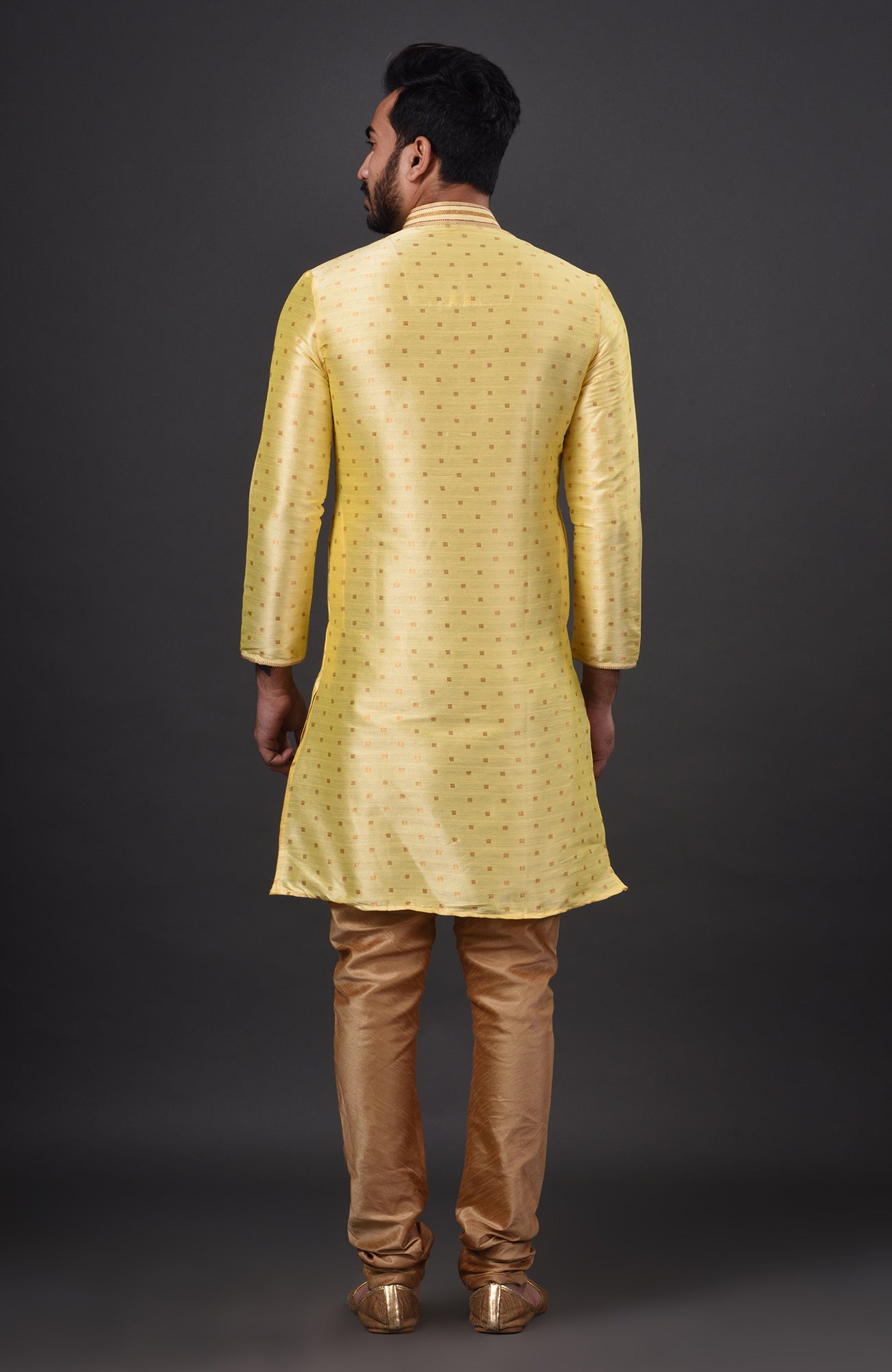 HAMSAFAR Men’s Light Yellow Dupion Silk Party Wear Kurta