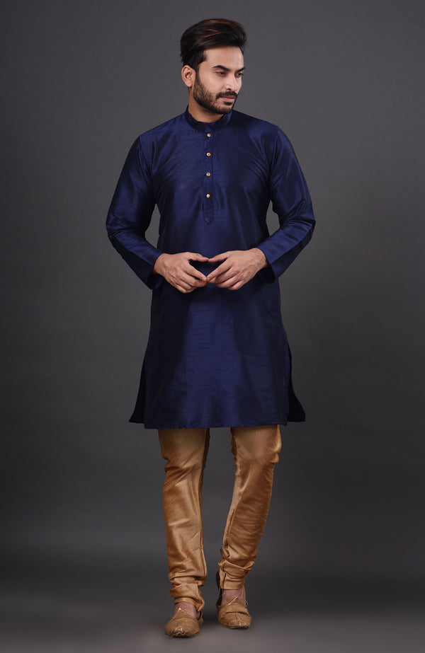 HAMSAFAR Men’s Denim Blue Dupion Silk Kurta