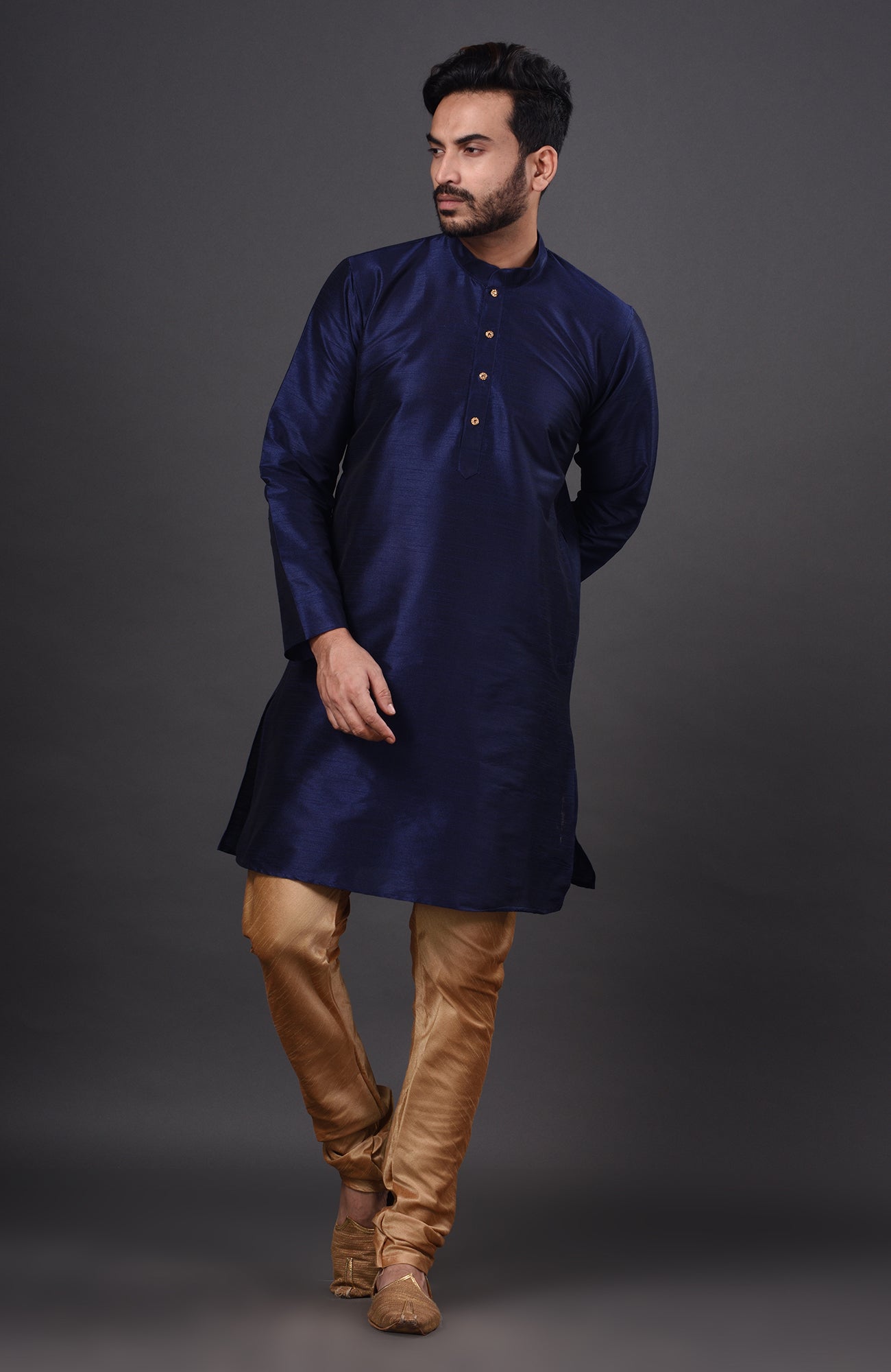 HAMSAFAR Men’s Denim Blue Dupion Silk Kurta