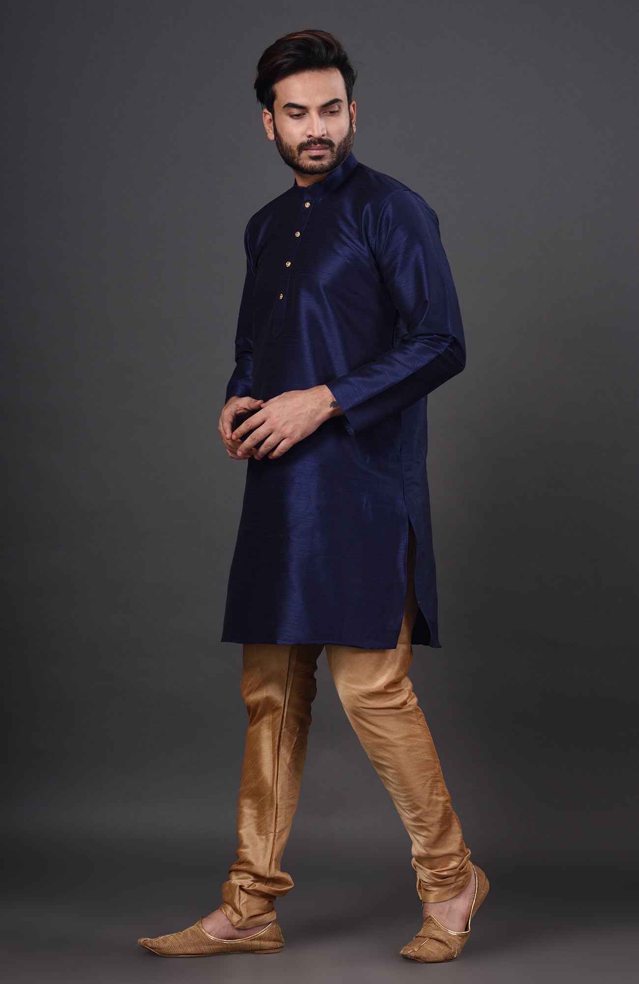 HAMSAFAR Men’s Denim Blue Dupion Silk Kurta