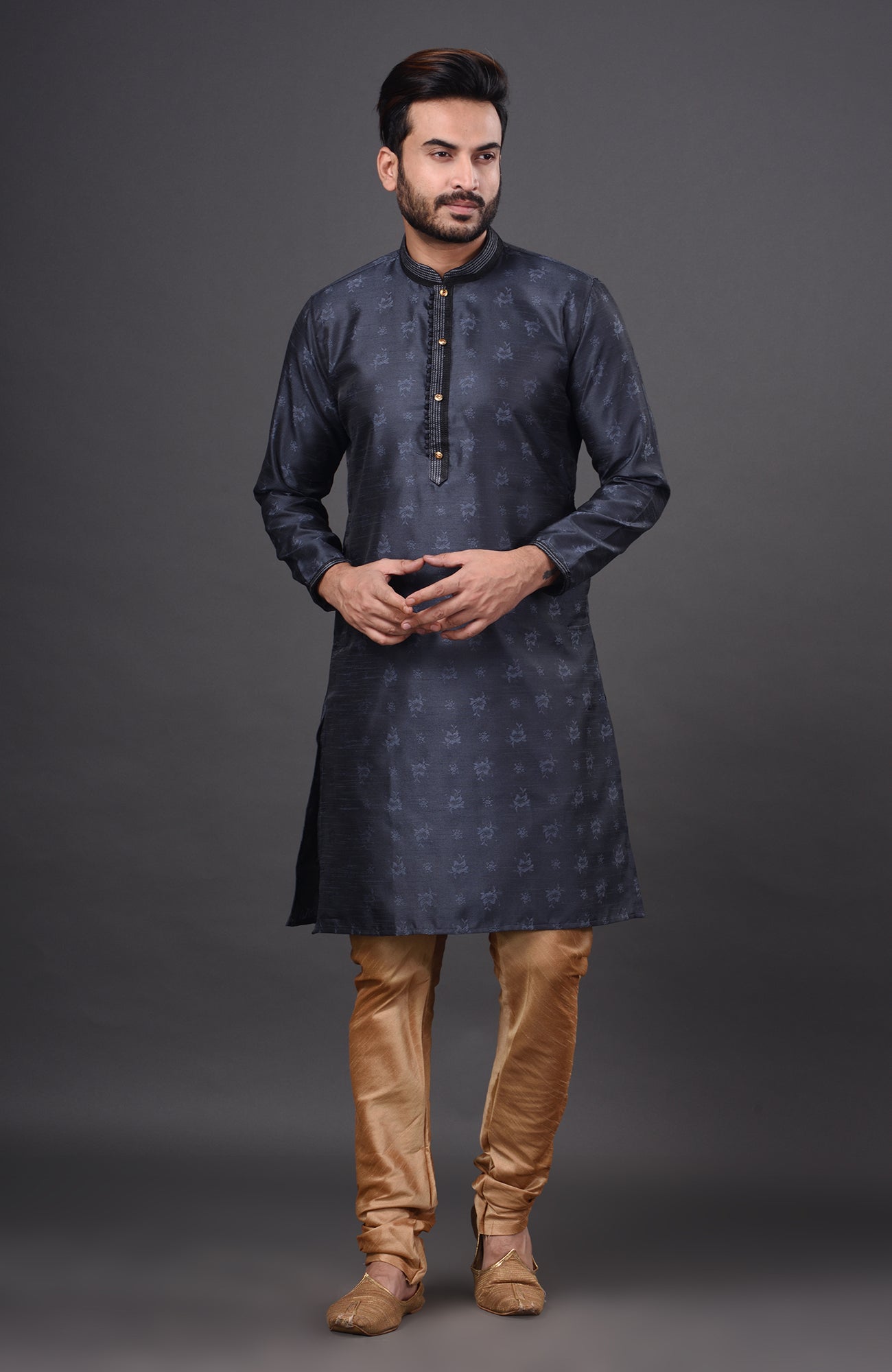 HAMSAFAR Men’s Denim Blue Dupion Silk Party Wear Kurta