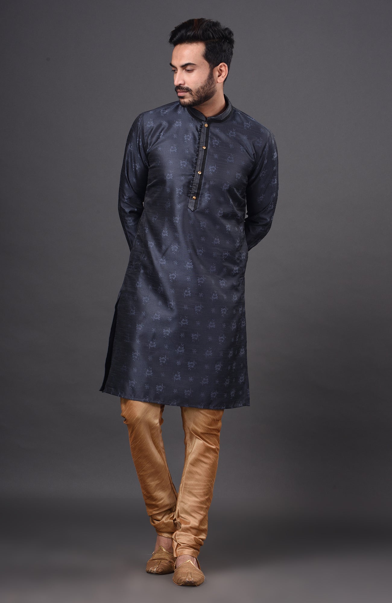 HAMSAFAR Men’s Denim Blue Dupion Silk Party Wear Kurta