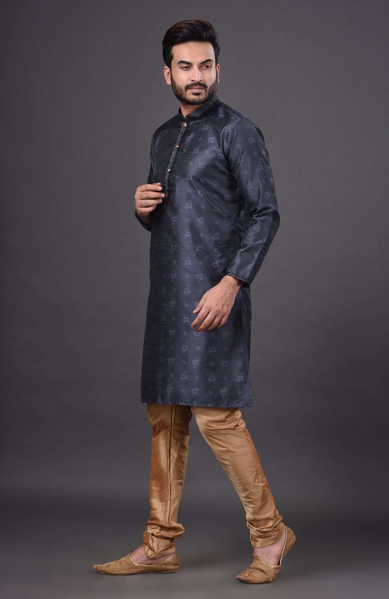 HAMSAFAR Men’s Denim Blue Dupion Silk Party Wear Kurta