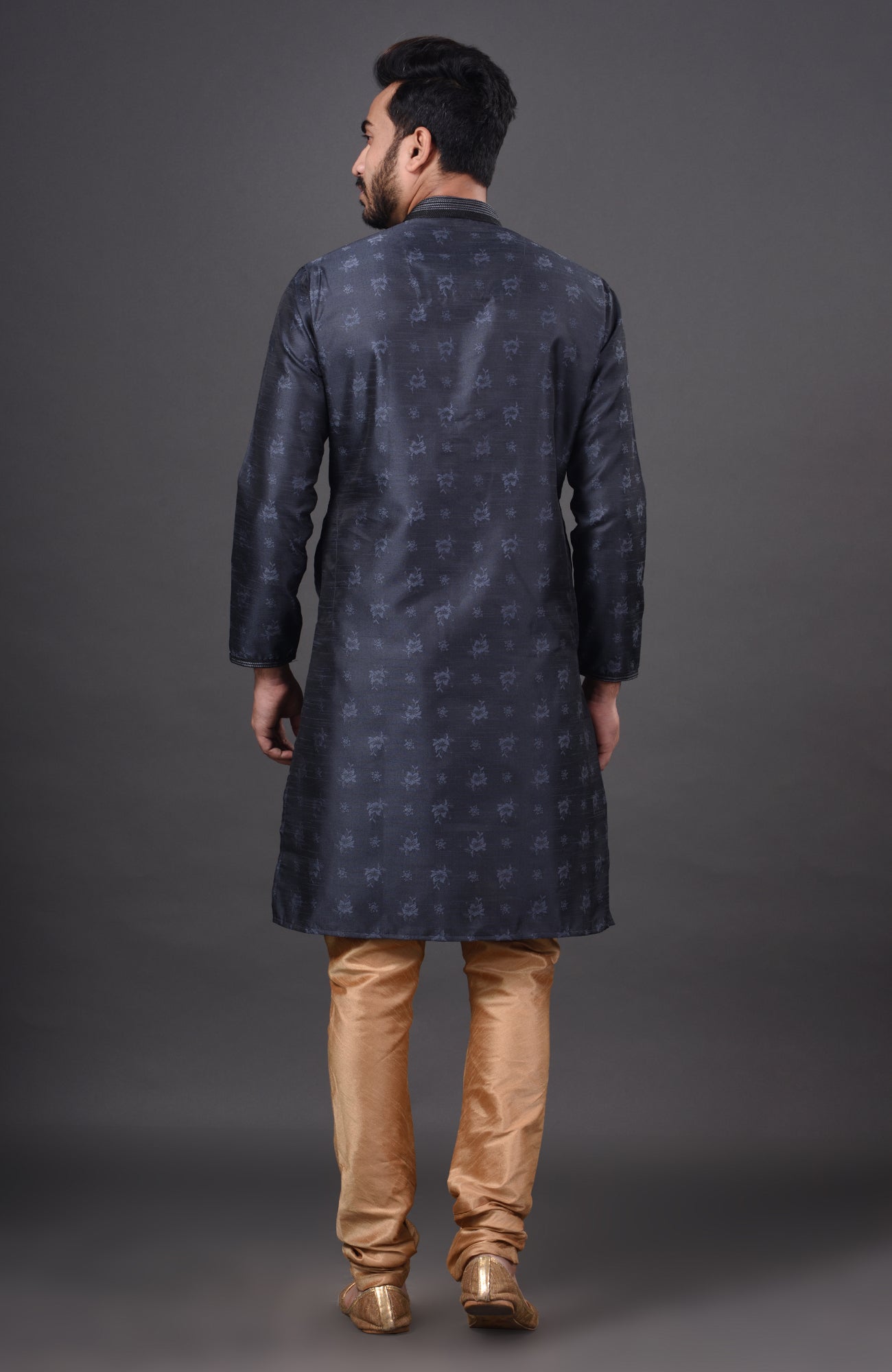 HAMSAFAR Men’s Denim Blue Dupion Silk Party Wear Kurta