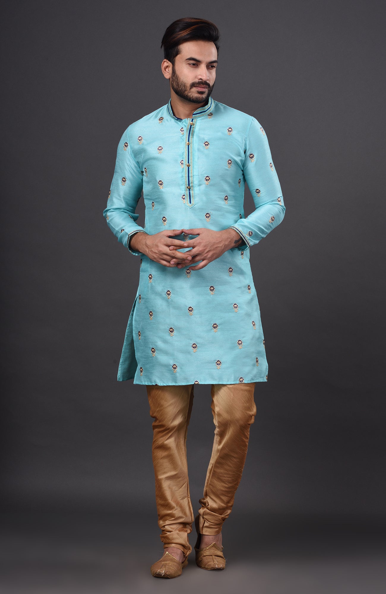 HAMSAFAR Men’s Sky Blue Dupion Silk Party Wear Kurta