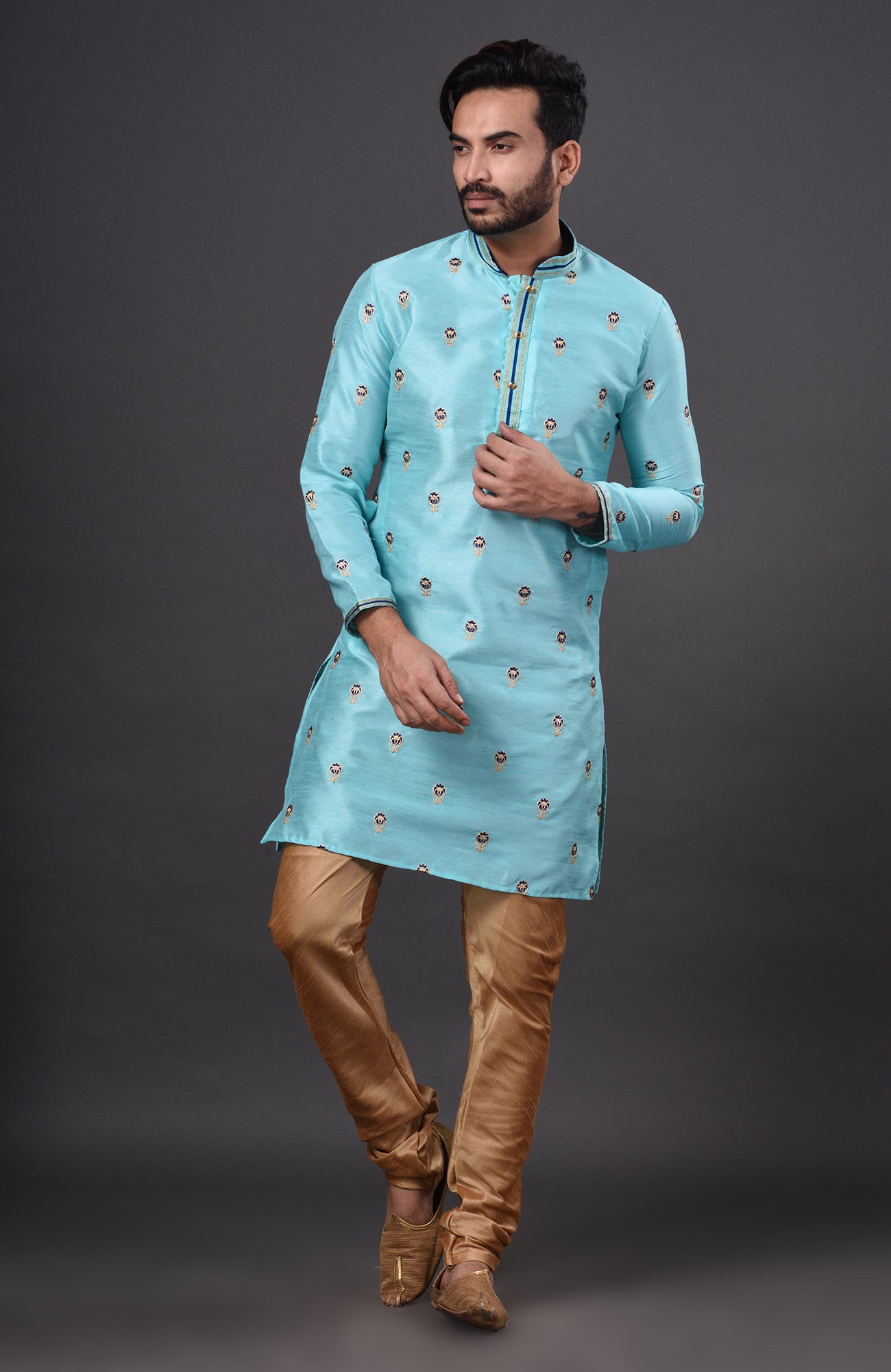 HAMSAFAR Men’s Sky Blue Dupion Silk Party Wear Kurta