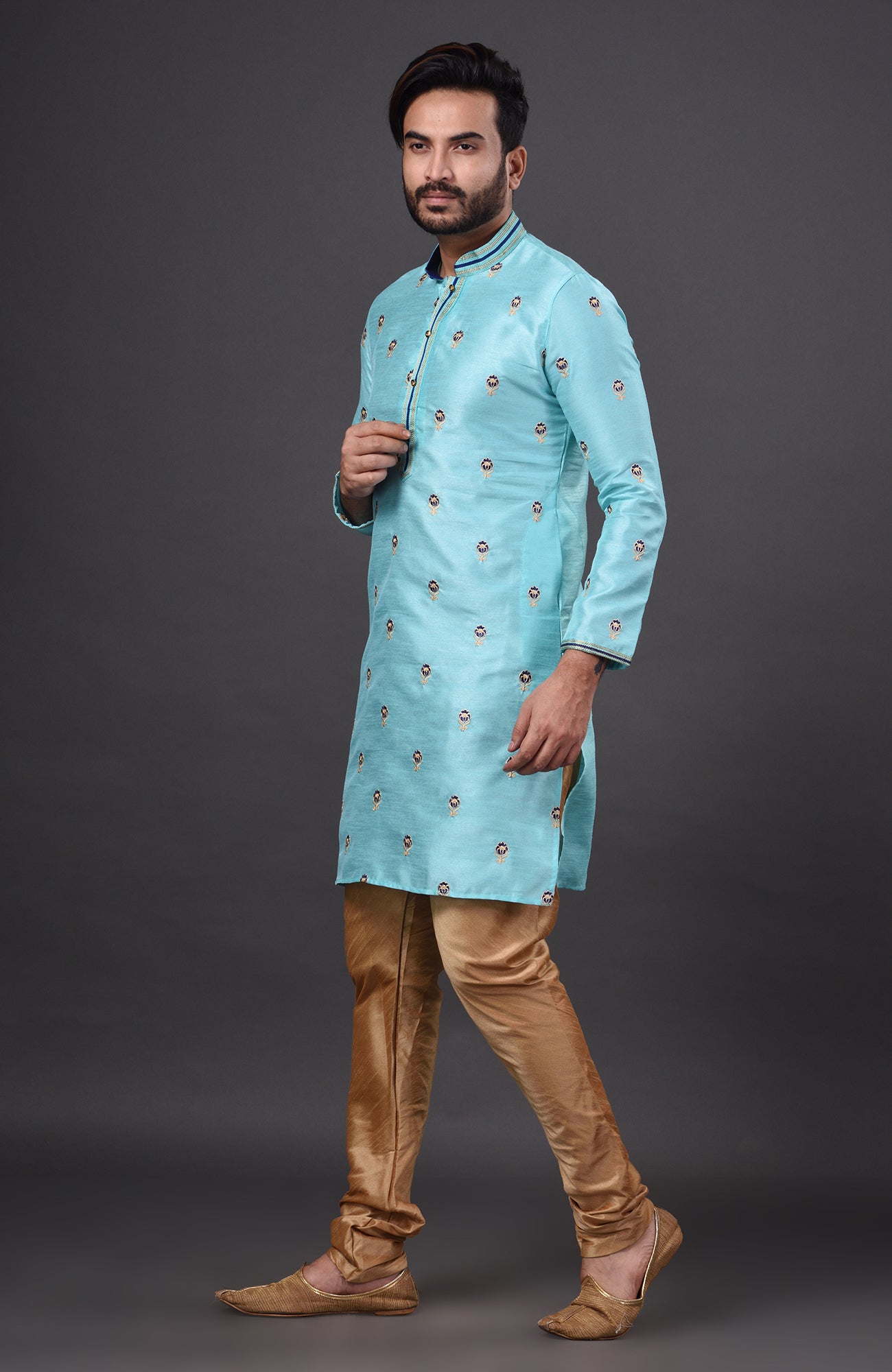 HAMSAFAR Men’s Sky Blue Dupion Silk Party Wear Kurta