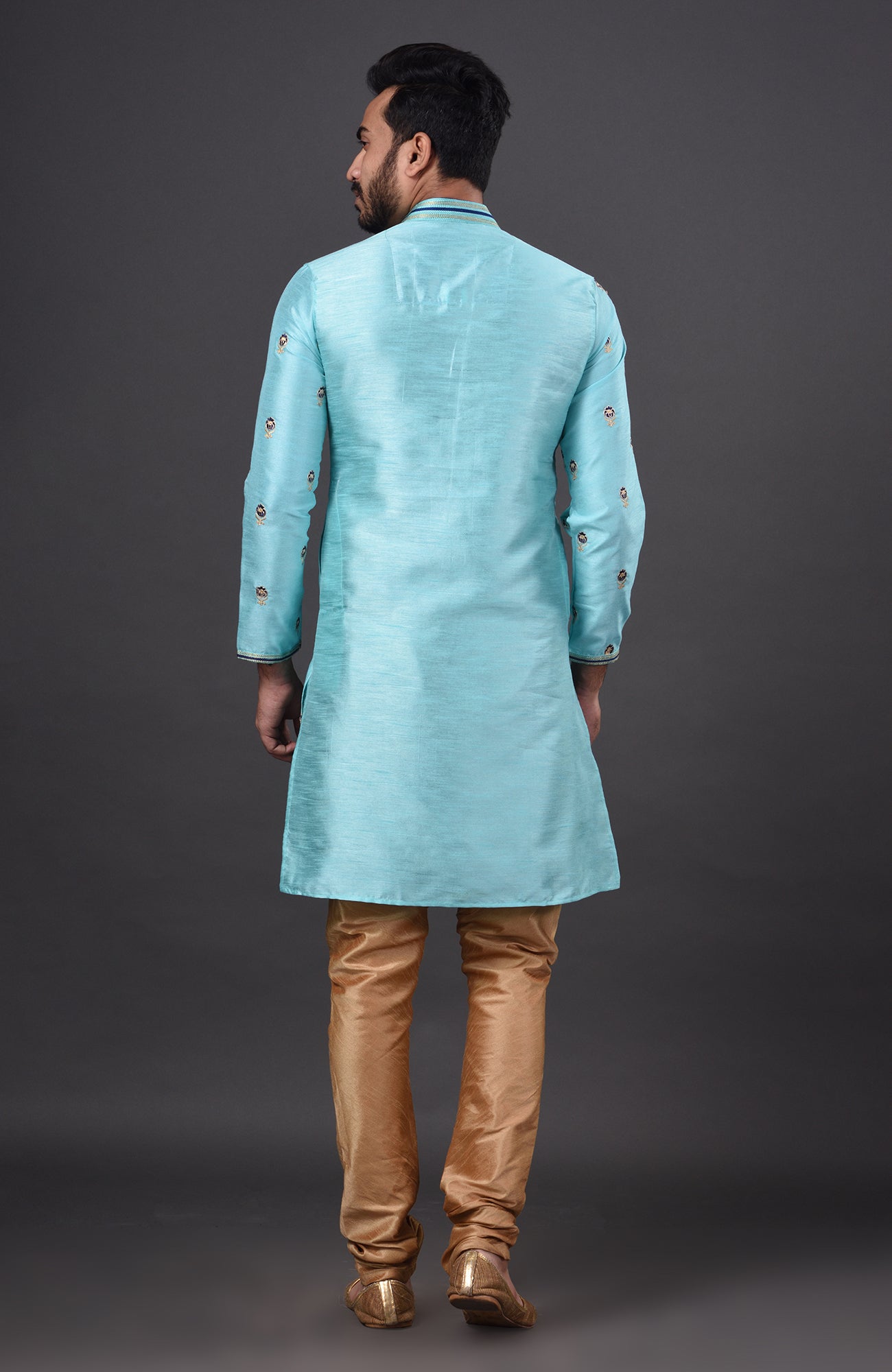 HAMSAFAR Men’s Sky Blue Dupion Silk Party Wear Kurta